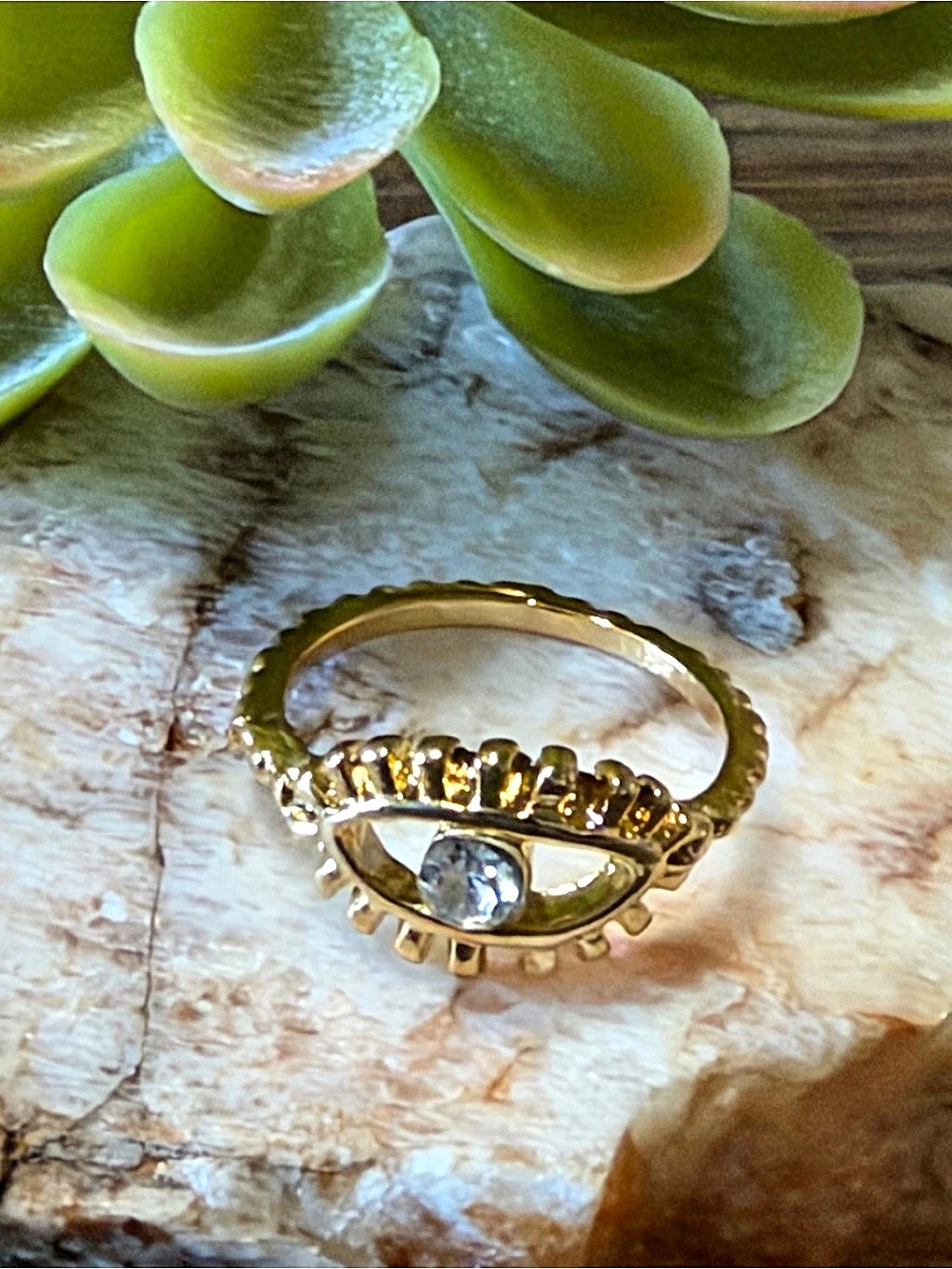 Gold Evil Eye Ring with Clear Gemstone size 8